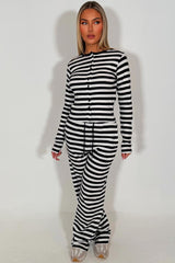 womens navy striped lounge set long sleeve button up top and wide leg trouser co ord set styledup 