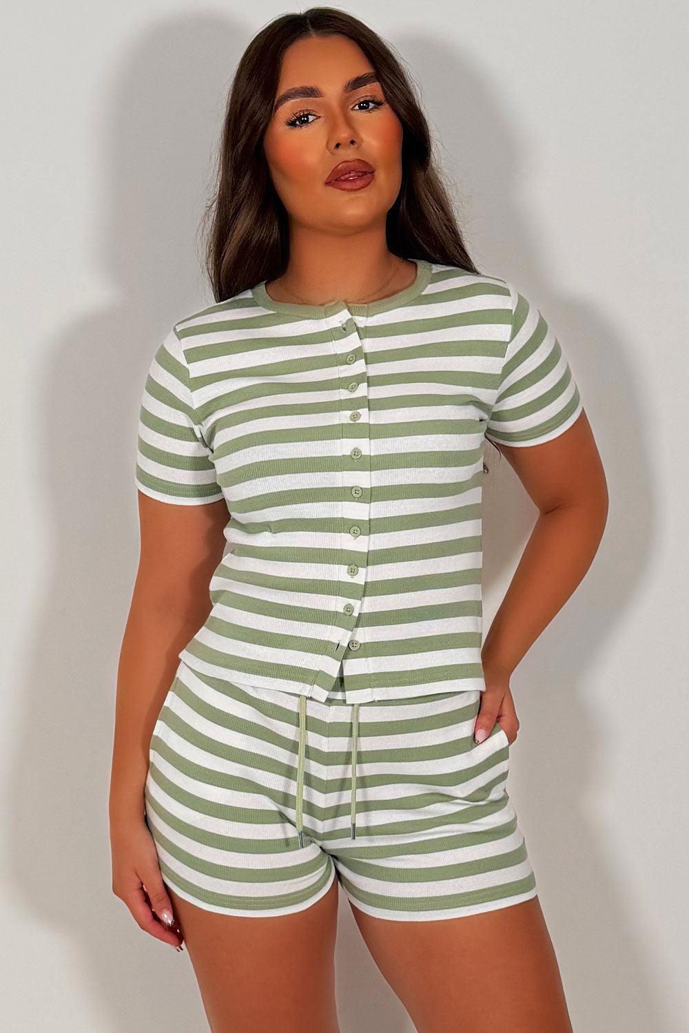 contrast striped button up ribbed top and shorts two piece summer tracksuit airport outfit molly mae set styledup uk