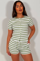 contrast striped button up ribbed top and shorts two piece summer tracksuit airport outfit molly mae set styledup uk