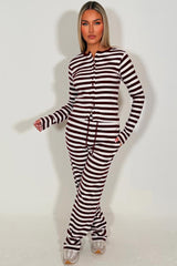 striped wide leg trouser and long sleeve button up top co ord lounge set for womens styledup