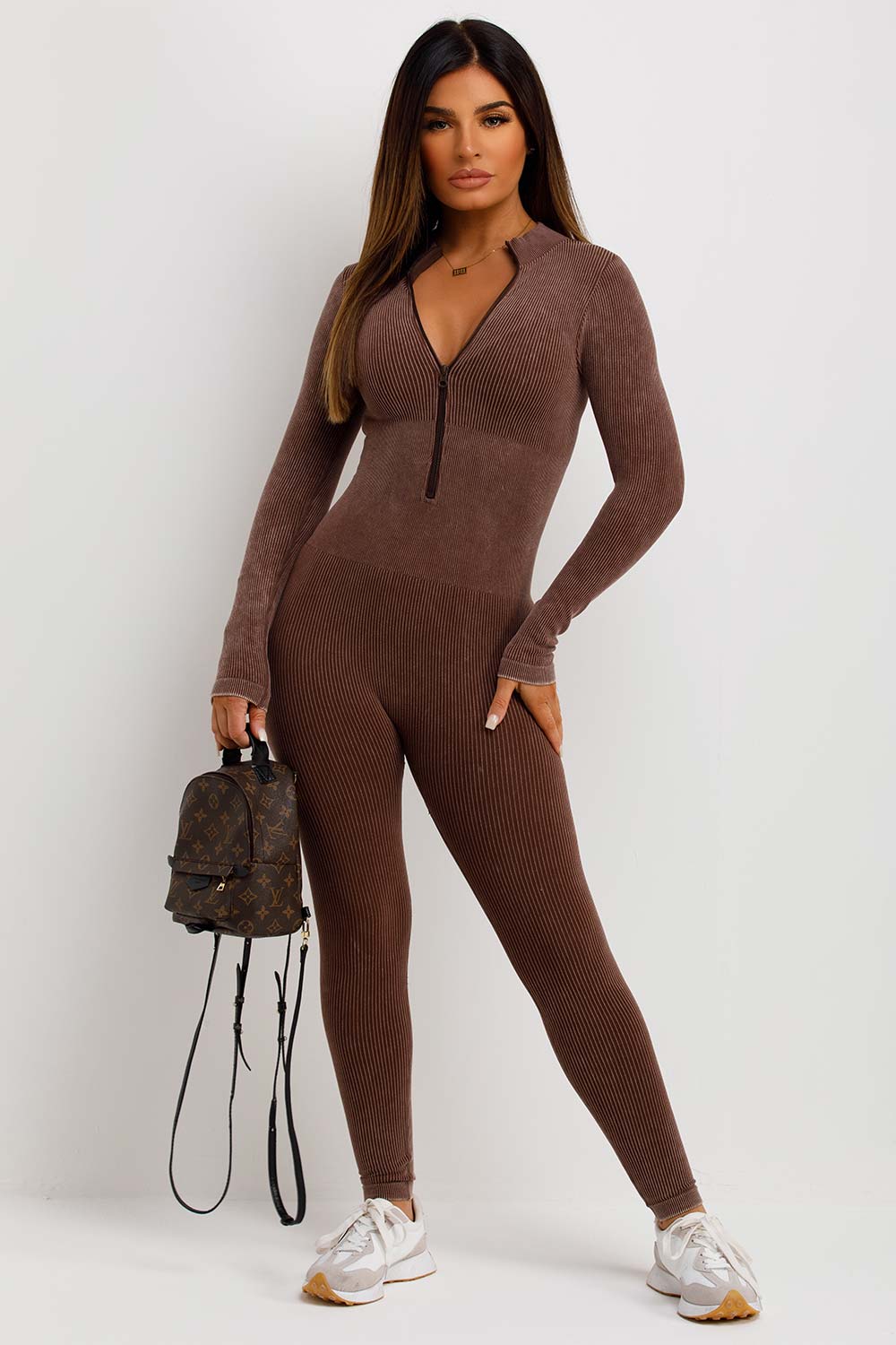 Rib Jumpsuit Structured Contour Unitard Zip Front Washed Brown
