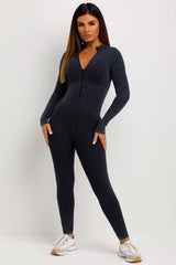 washed grey structured contour ribbed jumpsuit long sleeve