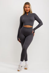ribbed crop tracksuit lounge set with half zip