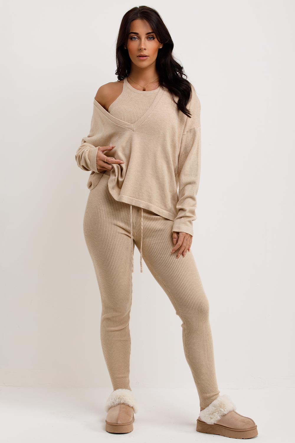 womens knitted three piece loungewear co ord set