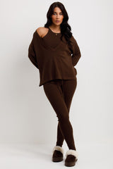 womens knitted three piece lounge set brown