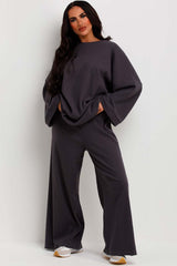 womens ribbed oversized top and wide leg trousers loungewear co ord set uk