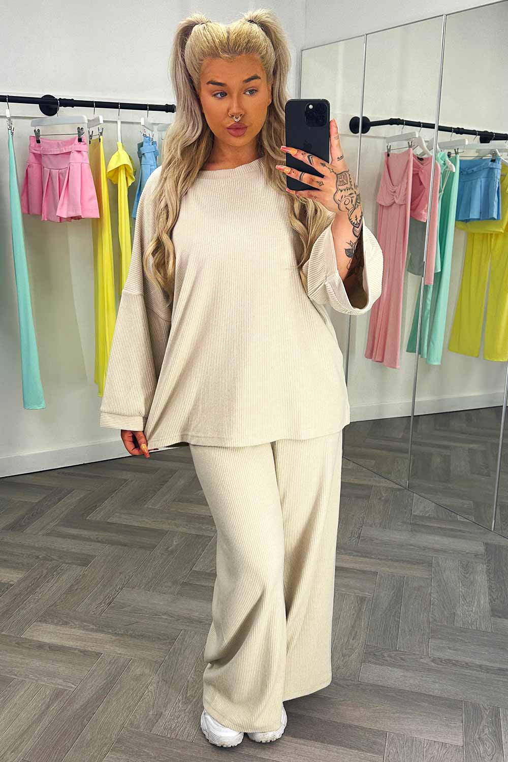 long sleeve drop shoulder rib top and wide leg trousers two piece set loungewear co ord
