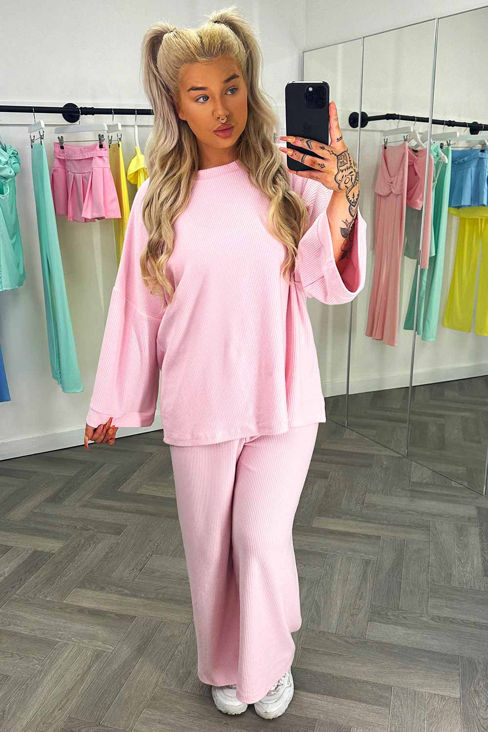Ribbed Loungewear Oversized Top And Wide Leg Trousers Set Baby Pink