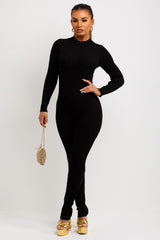 womens long sleeve rib jumpsuit structured contour unitard with underbust detail