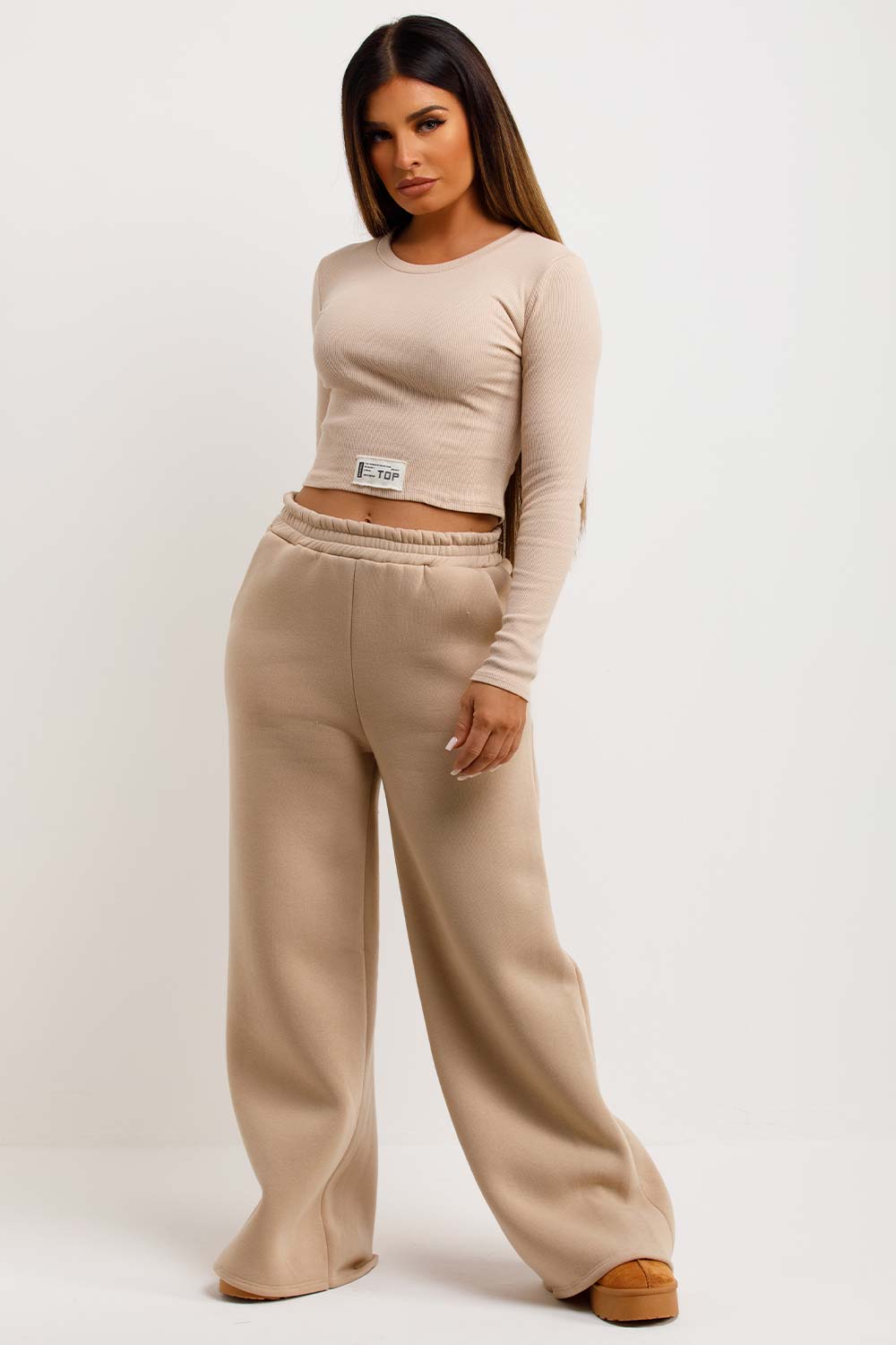 womens wide leg joggers and long sleeve top co ord set