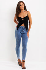 womens black festival crop top with split front ring detail