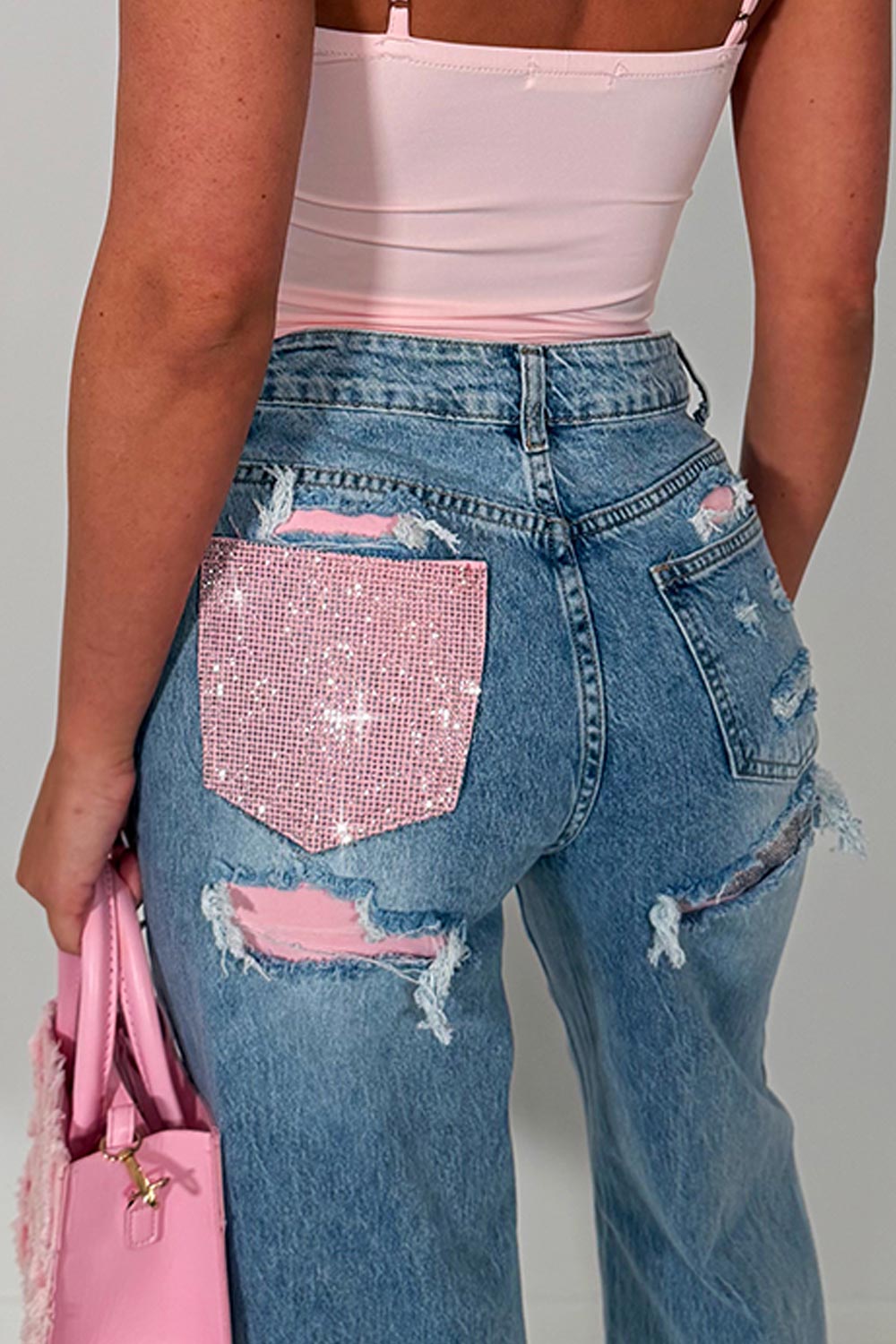 denim blue high waist wide leg jeans with diamante rhinestones contrast pocket styledup 
