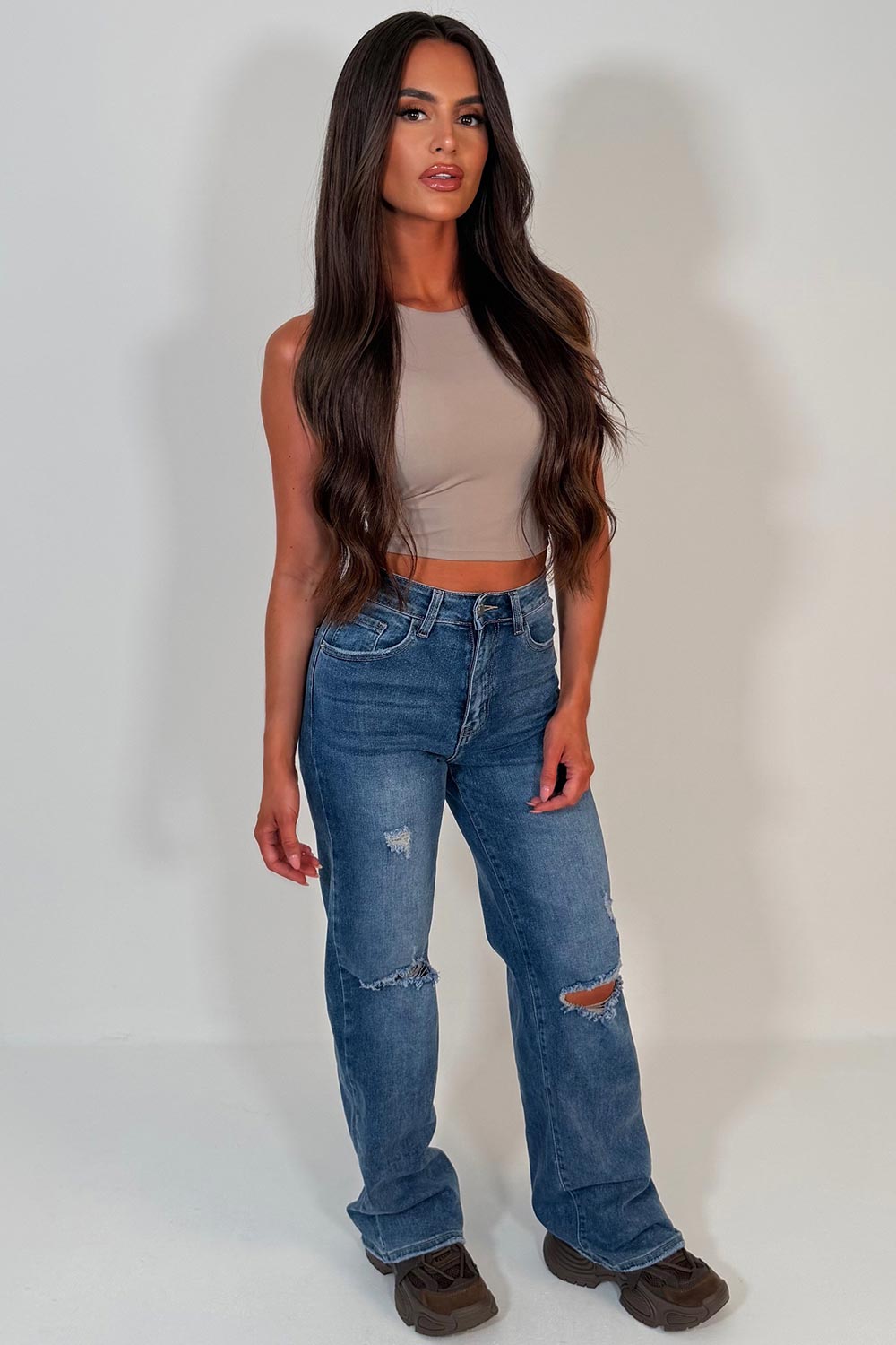womens ripped jeans with wide legs and high waist
