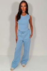womens summer tracksuit crop top and wide leg trousers two piece co ord set sky blue