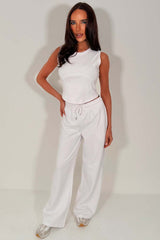 womens summer tracksuit crop top and wide leg trousers two piece co ord set white