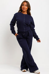 zip up crop sweatshirt and joggers two piece co ord set navy airport outfit set styledup fashion