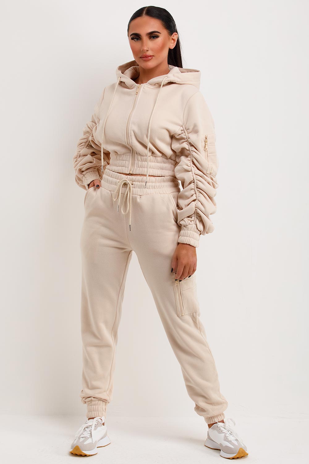 womens ruched sleeve crop hoodie and joggers co ord set