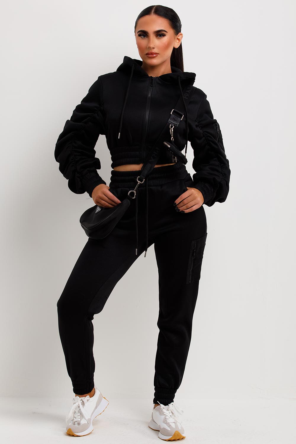 womens black ruched sleeve hoodie and joggers co ord set