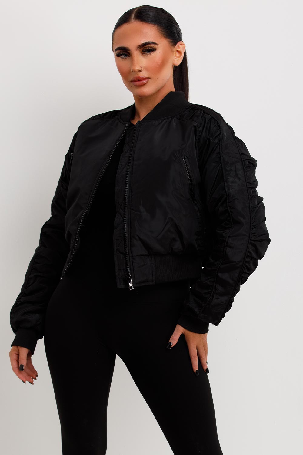 womens ruched sleeve bomber jacket sale