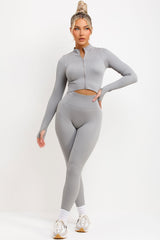 womens zip up long sleeve ribbed top and ruched bum leggings two piece co ord set