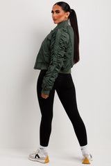 womens khaki bomber jacket with ruched sleeves