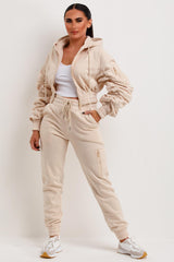 ruched sleeve cropped hoodie and joggers co ord set