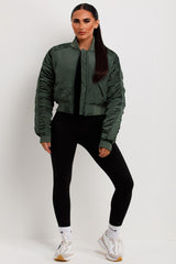 crop bomber jacket with ruched sleeves
