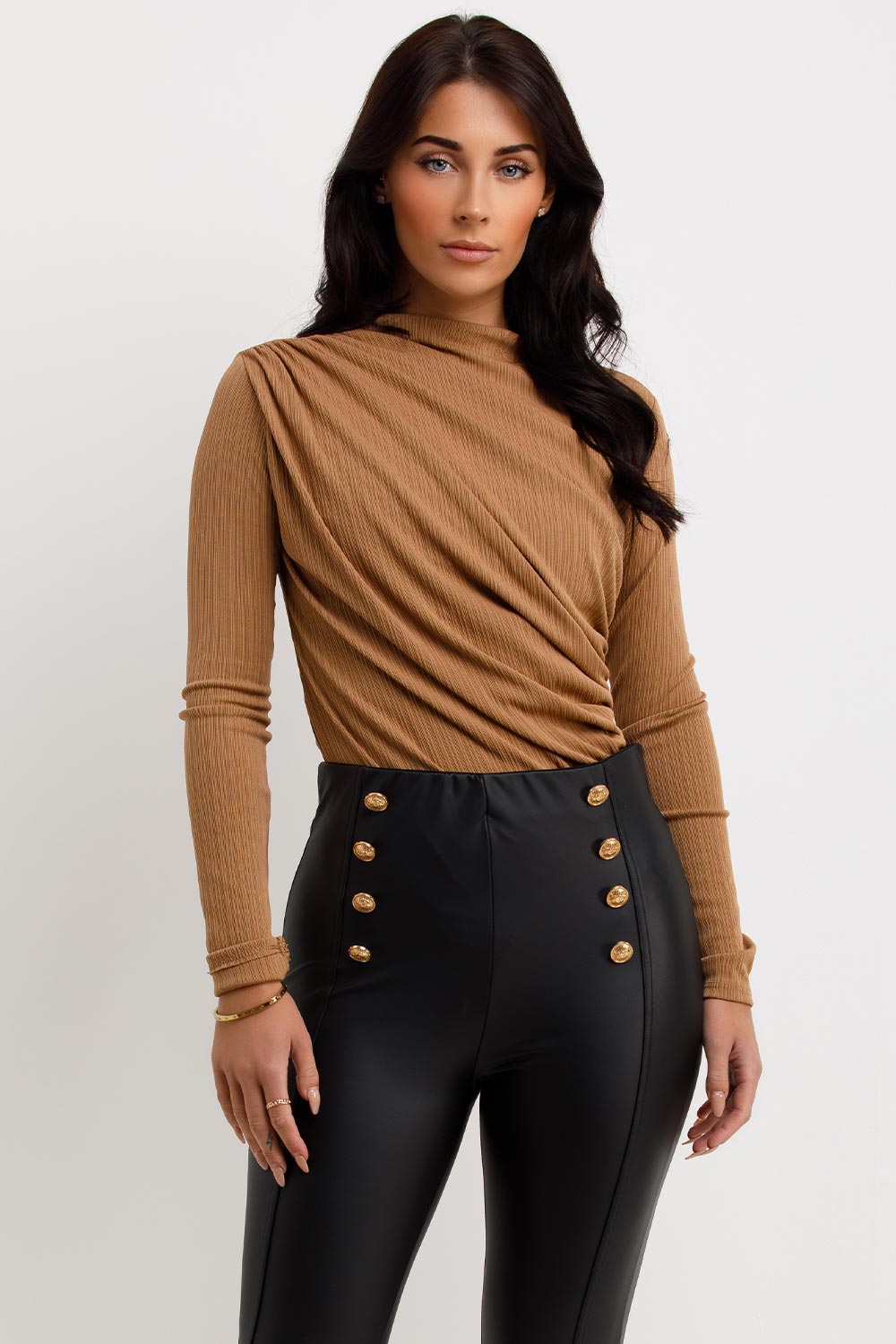 ruched long sleeve gathered bodysuit top 