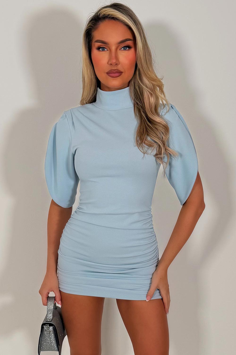 short petal sleeve high neck mini dress going out occasion outfit for girls night out occasion races styledup white fox uk