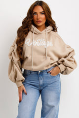 womens vintage hoodie with ruched sleeves