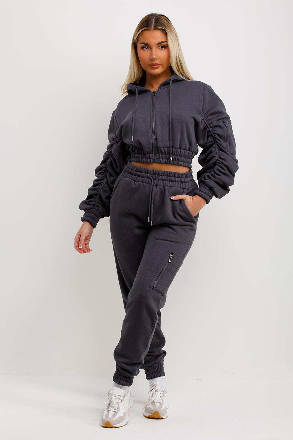crop hoodie with ruched sleeves and high waisted joggers two piece set tracksuit