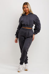 womens crop tracksuit ruched sleeve hoodie and joggers co ord set