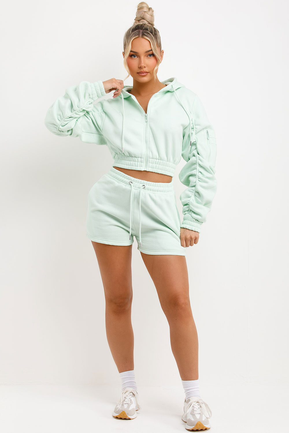 short tracksuit womens crop zip hoodie with ruched sleeves and shorts two piece set