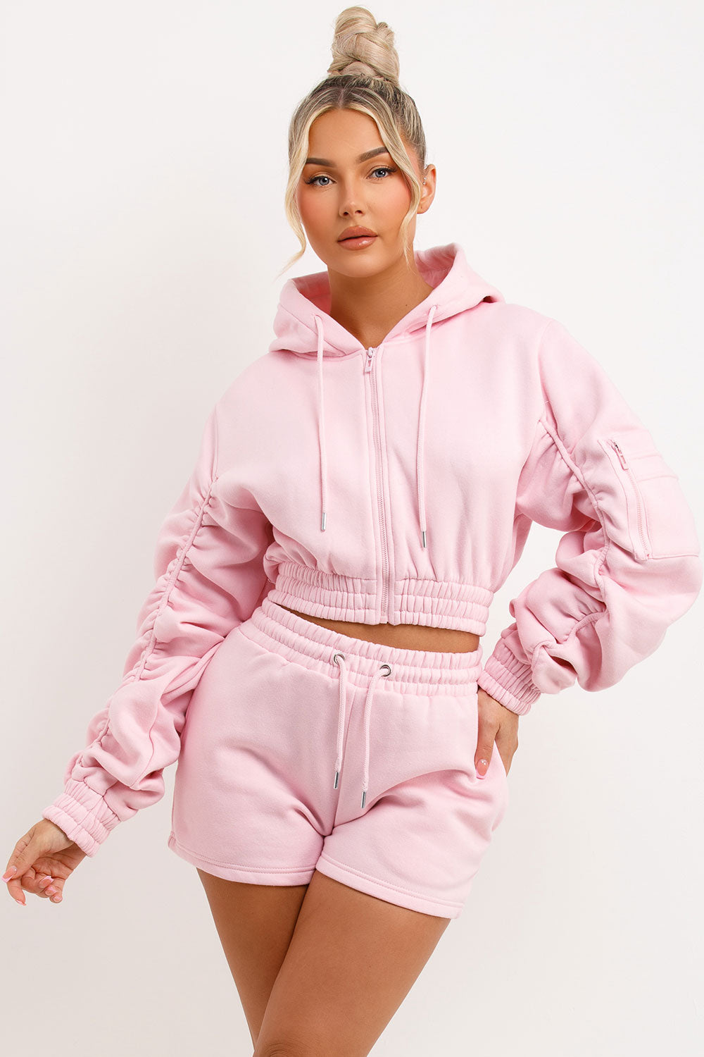crop zip hoodie with ruched sleeves and shorts tracksuit womens summer lounge set