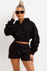 crop zip hoodie with ruched sleeves and shorts tracksuit womens summer lounge set