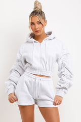 crop zip hoodie with ruched sleeves and shorts tracksuit set