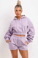 womens runner shorts and crop zip hoodie with ruched sleeves tracksuit set