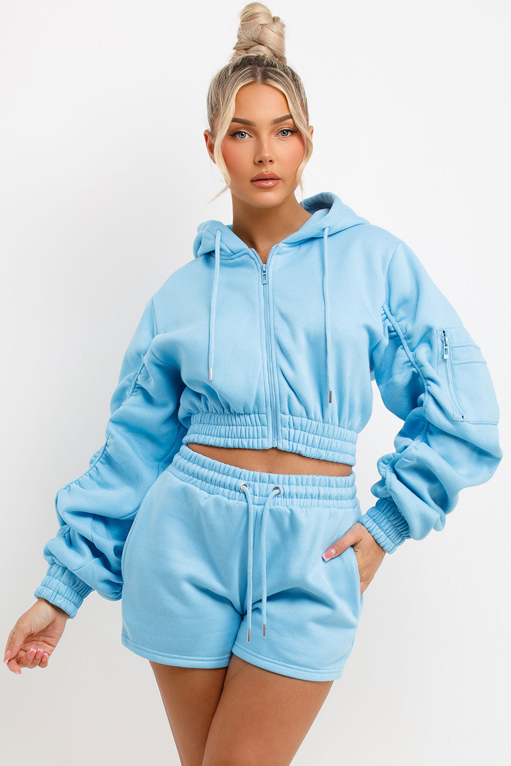 crop zip hoodie with ruched sleeves and shorts tracksuit womens summer lounge set
