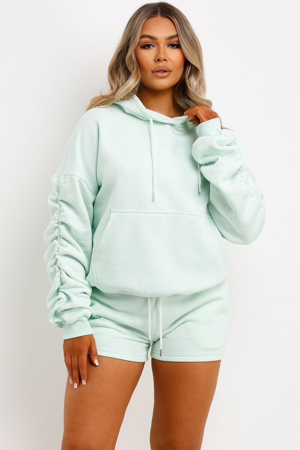 Women's Short Tracksuit With Ruched Sleeve Hoodie Airport Outfit ...