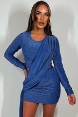 womens long sleeve sparkly dress with drape detail