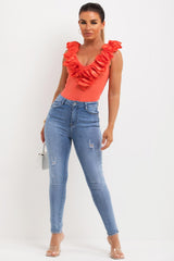 ruffle detail ribbed occasion top