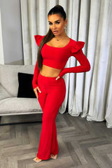 long sleeve frill shoulder crop top and trousers co ord set
