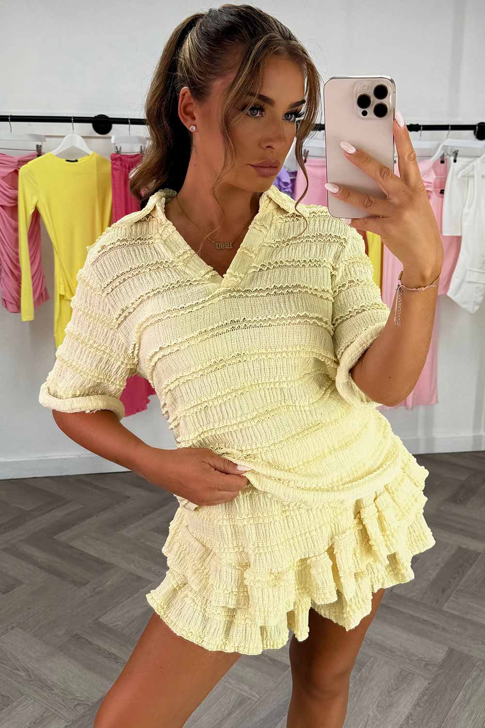 womens summer ruffle frilly shorts and top two piece co ord set styledup