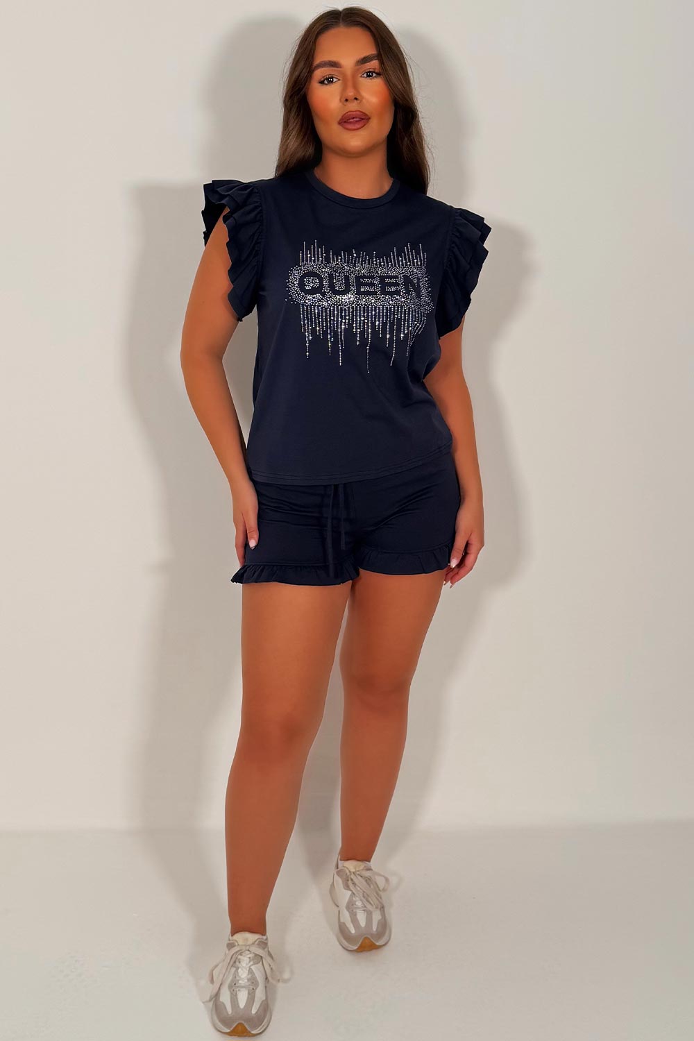 diamante rhinestone frill shoulder t shirt and shorts two piece co ord set styledup