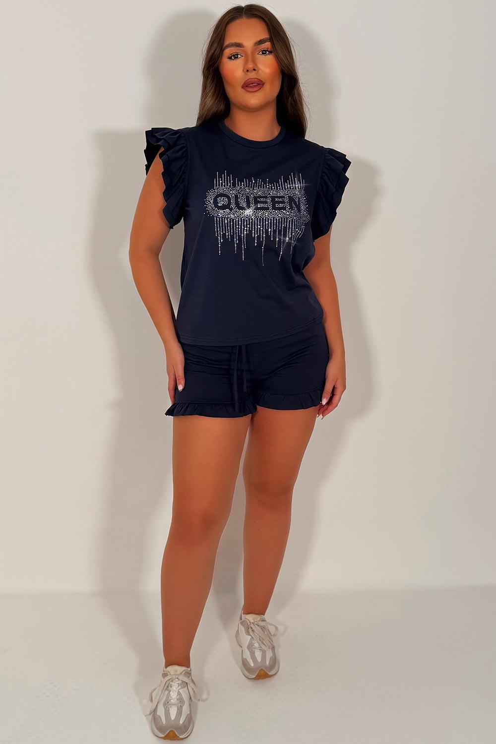 queen slogan diamante rhinestone t shirt and shorts co ord set styledup uk