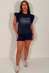 diamante rhinestone frill shoulder t shirt and shorts two piece co ord set styledup