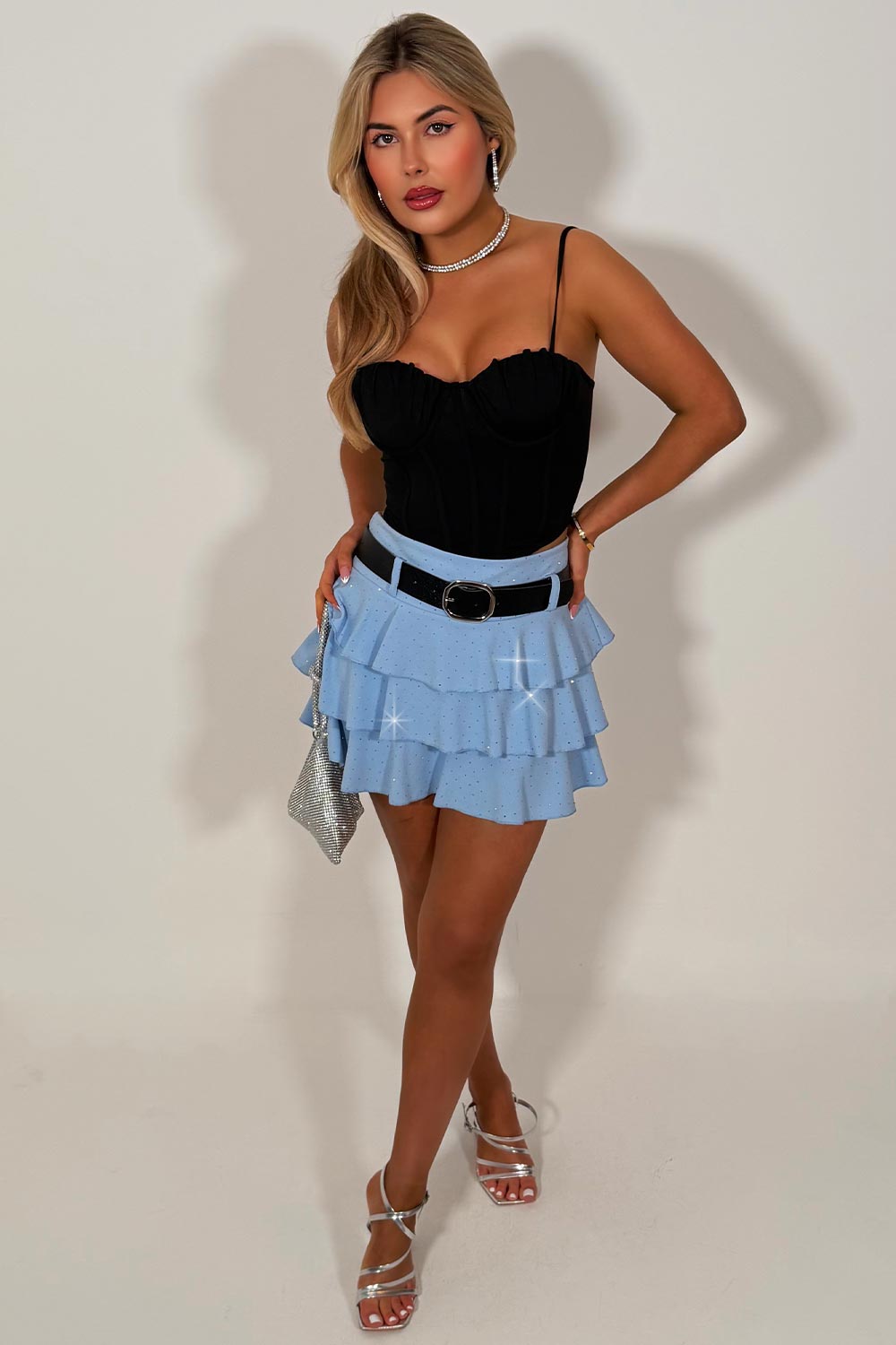 diamante rhinestone ruffle skorts summer holiday festival outfit black styledup fashion uk 