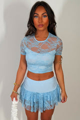 festival lace skort and crop top co ord set summer holiday going out outfit for womens in sky blue styledup whitefox