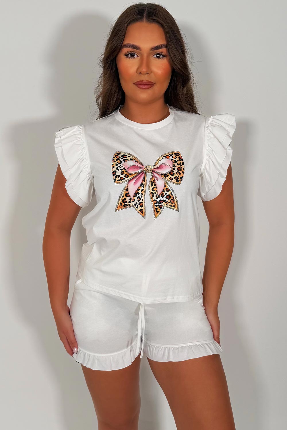 diamante rhinestone leopard print bow detail t shirt and shorts co ord summer holiday outfit for womens styledup