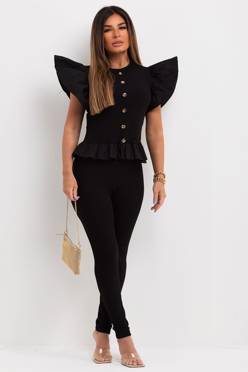 frill ruffle sleeve peplum hem co ord with gold buttons